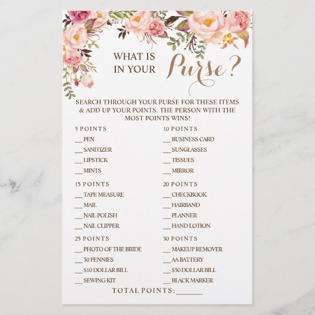 Pink Floral What is in your Purse Shower Game Card (Front)