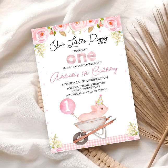 Pink Floral Wheelbarrow Little Piggy 1st Birthday Invitation (Pink Floral Little Piggy 1st Birthday Invitation Girl, Our Little Piggy First Birthday Invite, )