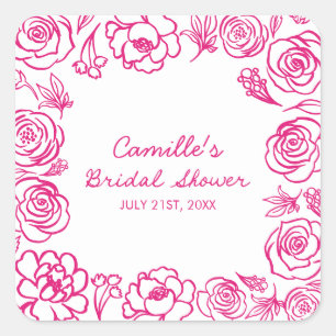 Pink Floral Whimsical Bridal Shower Square Sticker