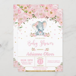 Pink Floral Whimsical Elephant Girl Baby Shower Invitation