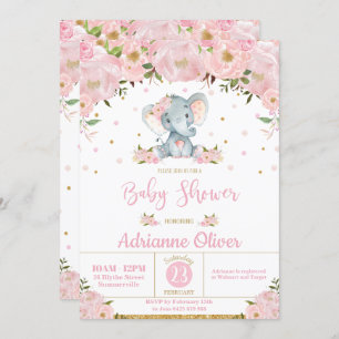 Pink Floral Whimsical Elephant Girl Baby Shower Invitation