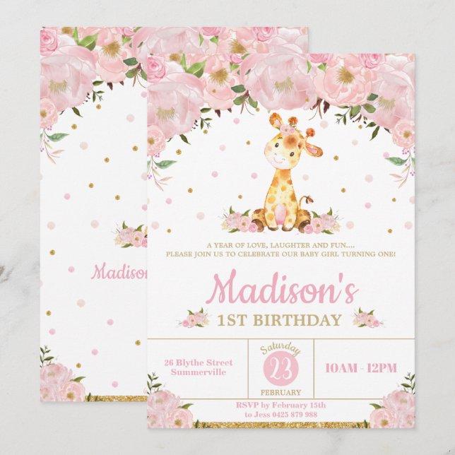 Pink Floral Whimsical Giraffe Girl Birthday Party Invitation (Front/Back)