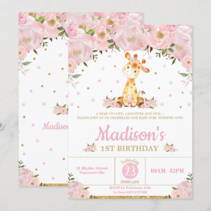 Pink Floral Whimsical Giraffe Girl Birthday Party Invitation