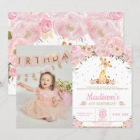 Pink Floral Whimsical Giraffe Girl Birthday Photo