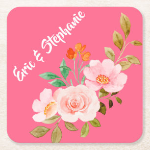 Pink Floral Whimsy Wedding Paper Coasters