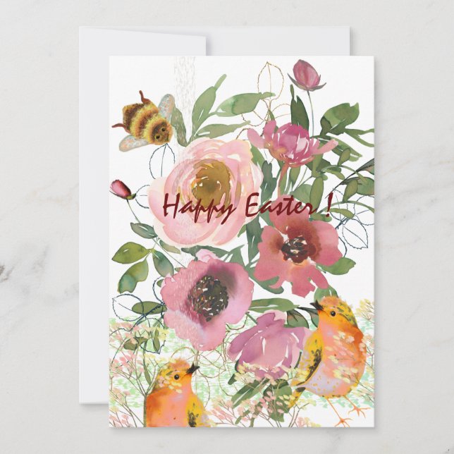 Pink Floral White Easter  Holiday Card (Front)
