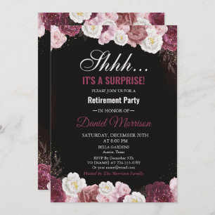 Pink Floral White Gold Surprise Retirement Party  Invitation