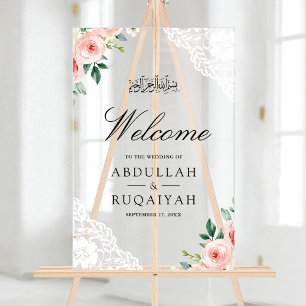 Pink Floral White Lace Muslim Wedding Welcome Acrylic Sign