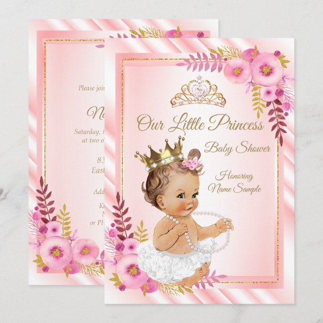 Pink Floral White Princess Baby Shower Brunette Invitation (Front/Back)