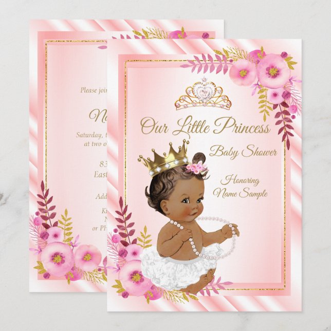 Pink Floral White Princess Baby Shower Ethnic Invitation (Front/Back)