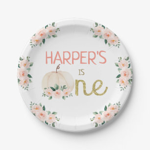 Pink Floral White Pumpkin First Birthday Party Paper Plate