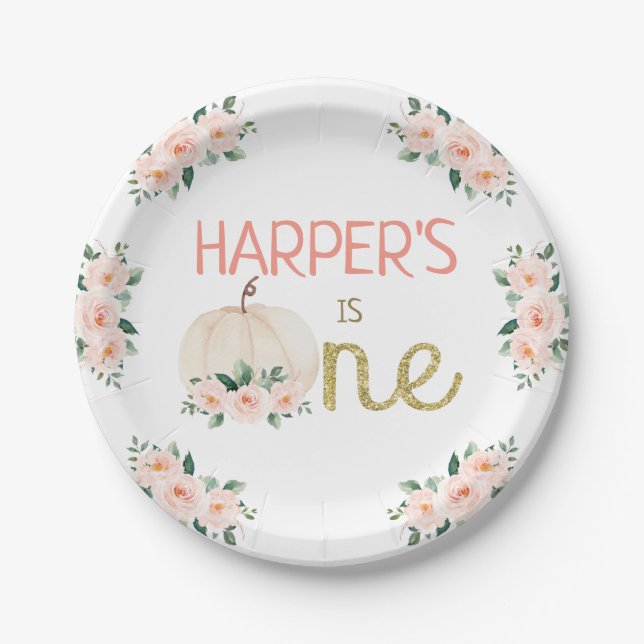 Pink Floral White Pumpkin First Birthday Party  Paper Plate (Front)