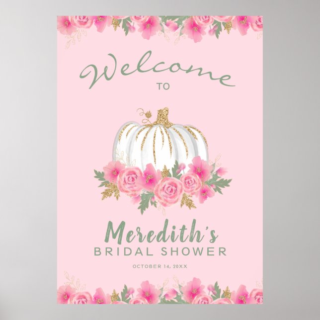 Pink Floral White Pumpkin Glitter Bridal Shower Poster (Front)