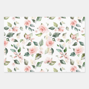 Pink floral white roses Paper Flat Sheet Set of 3