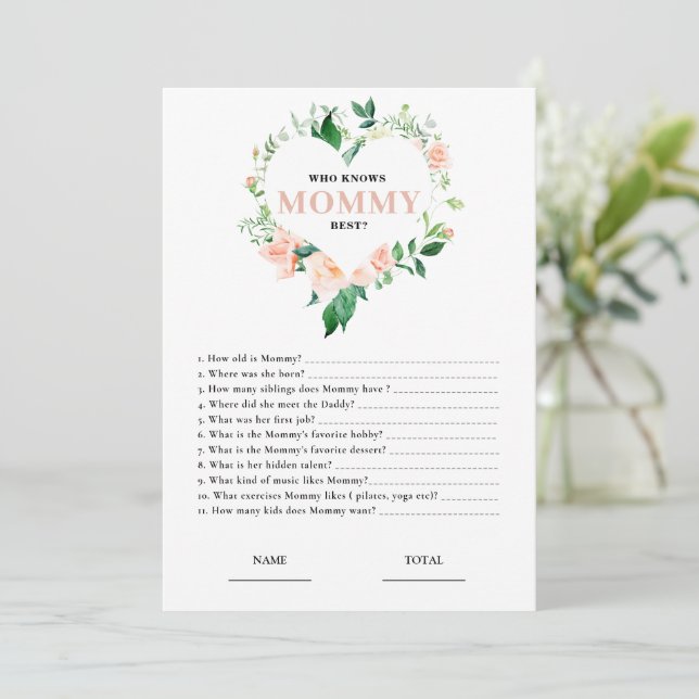 Pink Floral Who knows Mummy Best Baby Shower Game Invitation (Standing Front)