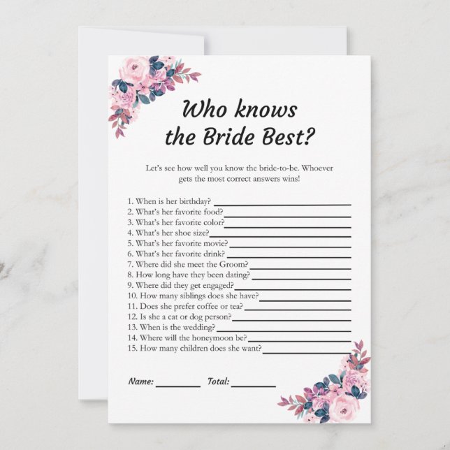 Pink Floral Who knows the Bride Best Game Cards  (Front)