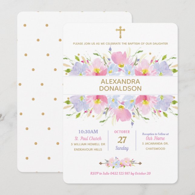 Pink Floral Wild Flowers Baptism Invitations Girl (Front/Back)