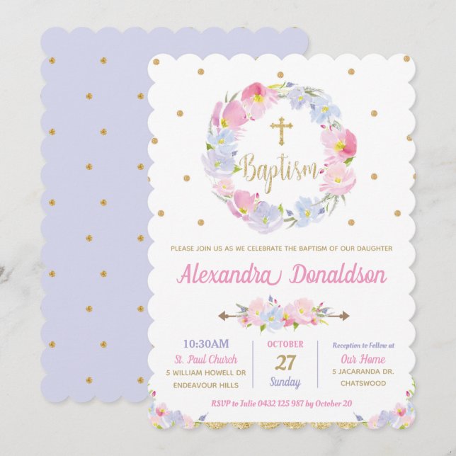 Pink Floral Wild Flowers Baptism Invitations Girl (Front/Back)