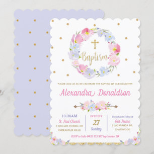 Pink Floral Wild Flowers Baptism Invitations Girl