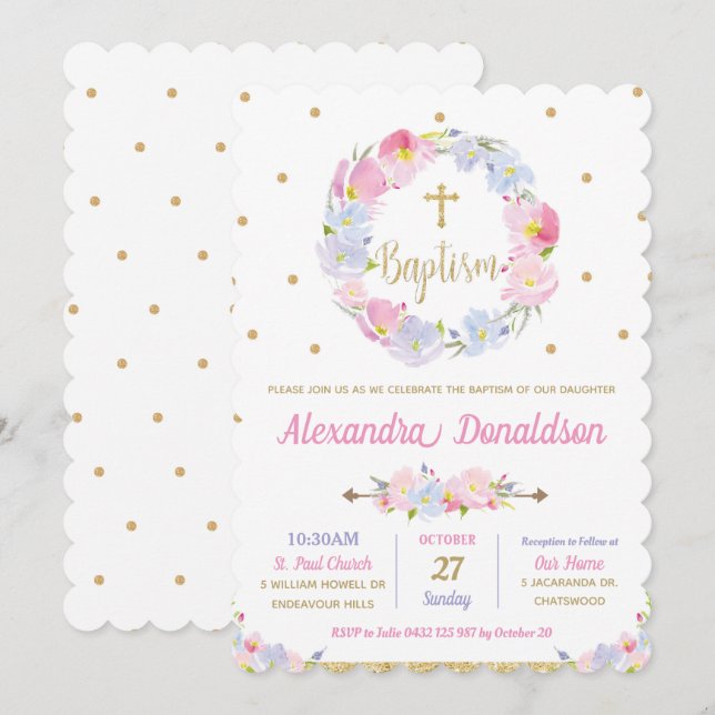 Pink Floral Wild Flowers Baptism Invitations Girl (Front/Back)