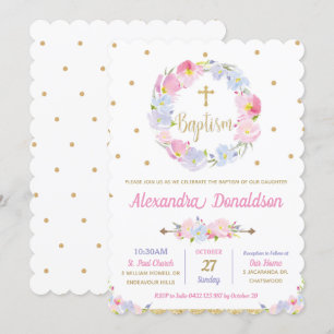 Pink Floral Wild Flowers Baptism Invitations Girl
