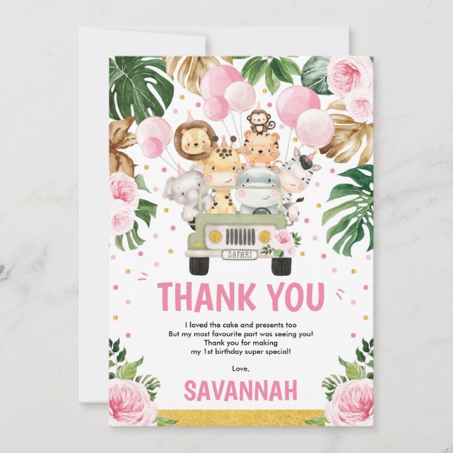Pink Floral Wild Jungle Safari Animals Birthday Thank You Card (Front)