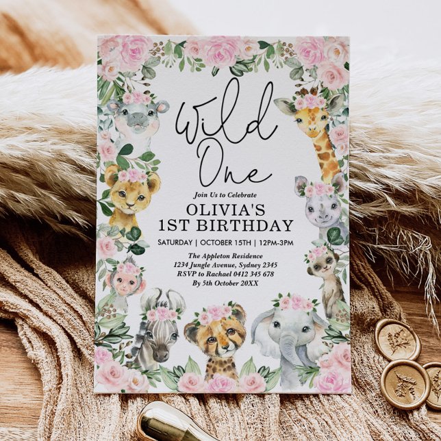 Pink Floral Wild One Jungle Safari Birthday Girl Invitation (Creator Uploaded)