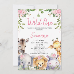 Pink Floral Wild One Safari Animals 1st Birthday Invitation