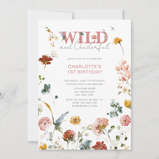 Pink Floral Wild & Onederful Girl 1st Birthday Invitation (Front)