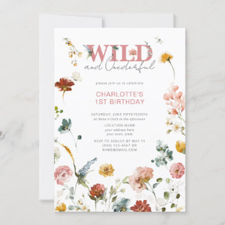 Pink Floral Wild & Onederful Girl 1st Birthday Invitation