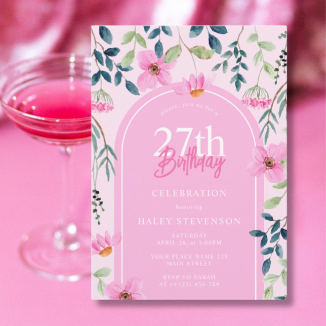 Pink Floral Wildflower Girly Elegant 27th Birthday Invitation (Creator Uploaded)