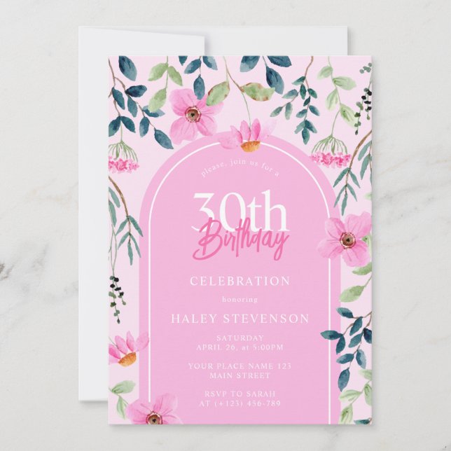Pink Floral Wildflower Girly Elegant 30th Birthday Invitation (Front)