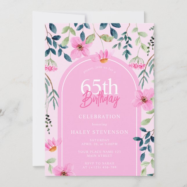 Pink Floral Wildflower Girly Elegant 65th Birthday Invitation (Front)