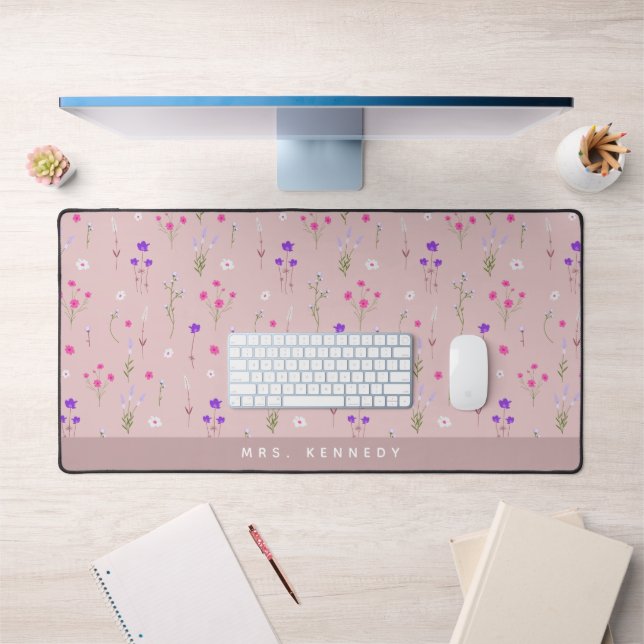 Pink Floral Wildflower Pattern Trendy Teacher Desk Mat (Office 1)