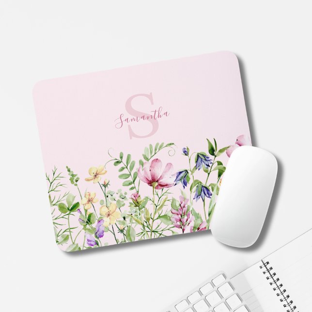 Pink Floral Wildflower Personalised  Mouse Mat (Creator Uploaded)