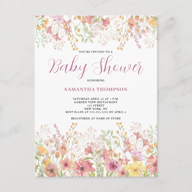 Pink Floral Wildflower Watercolor Baby Shower   Invitation Postcard (Front)