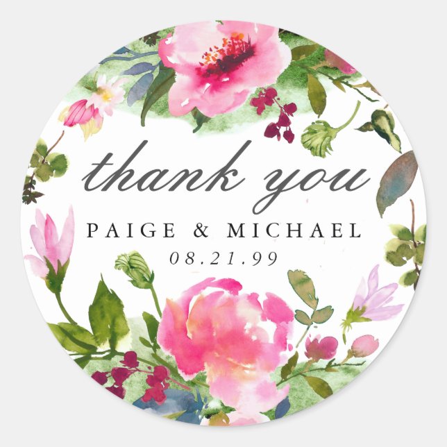 Pink Floral Wildflower Wedding Thank You Classic Round Sticker (Front)