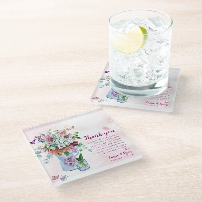 Pink Floral Wildflower Wedding Thank you Message Glass Coaster (Angled)