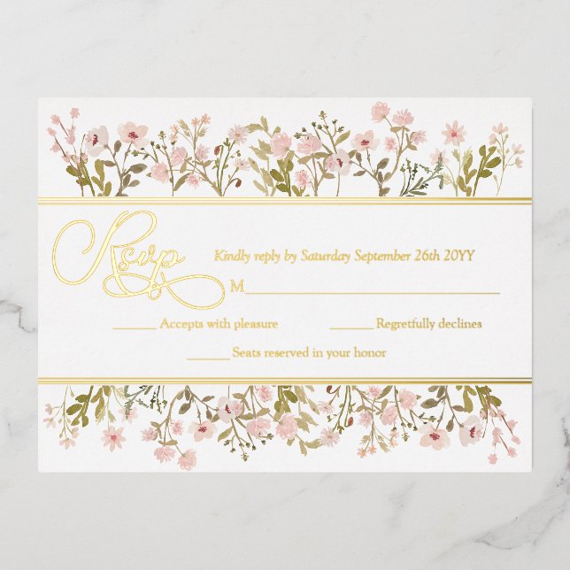 Pink Floral Wildflowers Botanical RSVP Real Gold Foil Invitation Postcard (Front)