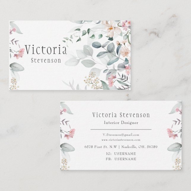 Pink Floral Wildflowers Watercolor Business Card (Front/Back)