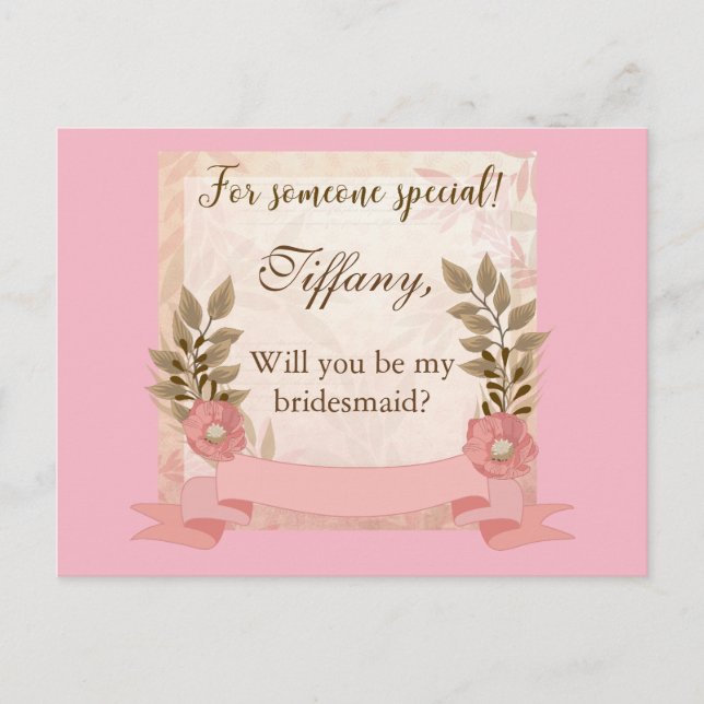 Pink Floral Will You be my bridesmaid Invitation Postcard (Front)