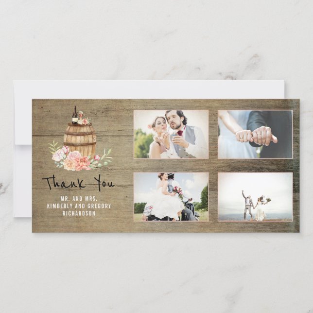 Pink Floral Wine Barrel Rustic Thank You Wedding Card (Front)