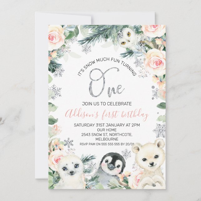 Pink Floral Winter Animals 1st Birthday Invitation (Front)