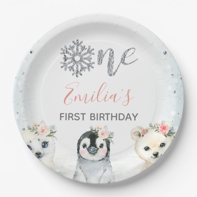 Pink Floral Winter Animals 1st Birthday Paper Plat Paper Plate (Front)