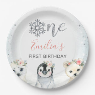 Pink Floral Winter Animals 1st Birthday Paper Plat Plate