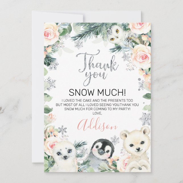 Pink Floral Winter Animals Birthday Thank You Card (Front)