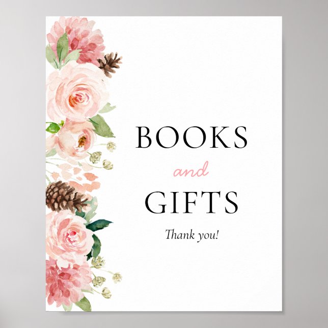 Pink Floral Winter Baby Shower Books & Gifts Sign (Front)
