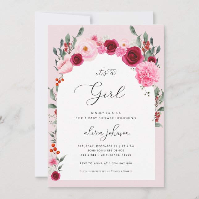 Pink Floral Winter Christmas Girl Baby Shower Invitation (Front)
