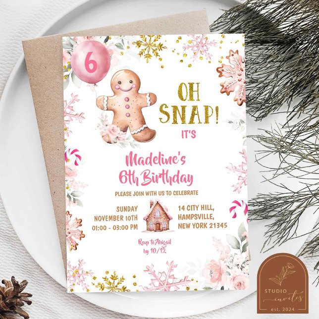 Pink Floral Winter Gingerbread House Birthday Girl Invitation (Creator Uploaded)