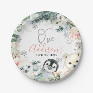 Pink Floral Winter Onederland Birthday Paper Plate